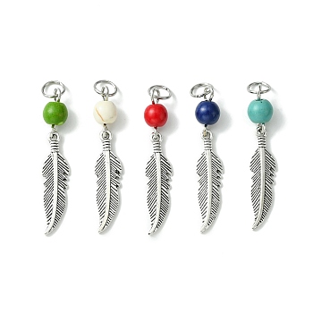 Synthetic Turquoise Dyed Pendants, Antique Silver Plated Alloy Charms, Mixed Color, Feather, 36.5mm, Pendant: 25.5x6.5x2mm, Hole: 4.5mm