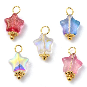 Electroplate Glass Charms, with Glitter Powder, Brass Findings and Alloy Spacer Beads, Star, Mixed Color, 14x8x4mm, Hole: 2.5mm