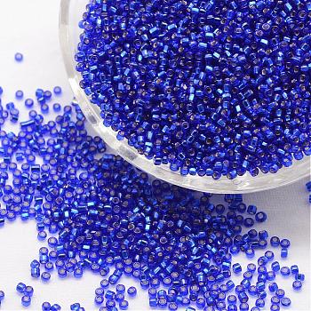 6/0 Round Glass Seed Beads, Silver Lined Square Hole, Transparent Colours, Blue, 3.6~4.0mm, Hole: 1.2mm, about 5000pcs/pound