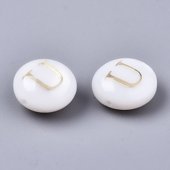 Natural Freshwater Shell Beads, with Golden Plated Brass Etched Metal Embellishments, Flat Round, Seashell Color, Letter.U, 8x3~5mm, Hole: 0.5~07mm