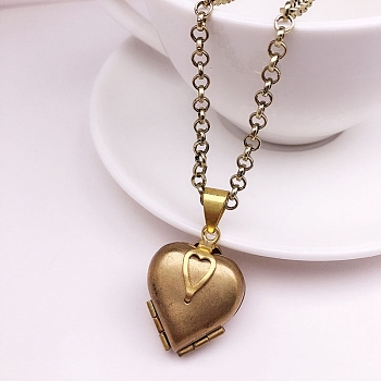 Brass Heart Locket Necklaces, Picture Phote Necklaces, Antique Bronze, 19.69~31.50 inch(50~80cm)
