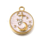 304 Stainless Steel Enamel Pendants, Round with Moon Star Charms, with Rhinestone, Golden, 21.5x18x3mm, Hole: 2.6mm(STAS-D393-01G)