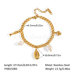 Summer Beach 304 Stainless Steel & Natural Pearl Charm Bracelets for Women, Golden, Shell Shape, 6-3/4 inch(17cm)(SE9487-5)