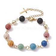 Dyed Natural Lava Rock Round Beaded Bracelet, Chakra Theme Bracelet, Colorful, 7-1/2 inch(19cm)(BJEW-JB10005)