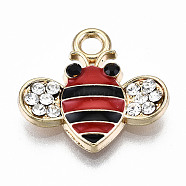 Alloy Enamel Pendants, with Crystal Rhinestone, Cadmium Free & Lead Free, Bee, Light Gold, Red, 17x18x2.5mm, Hole: 2mm(ENAM-S126-005E-RS)