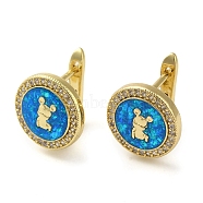 Rack Plating Brass Micro Pave Cubic Zirconia Hoop Earrings, with Synthetic Opal, Cadmium Free & Lead Free, Long-Lasting Plated, Real 18K Gold Plated, Flat Round, Bear, 12mm(EJEW-P277-06B-G)