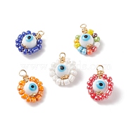 Handmade Lampwork & Glass Pendants, with Brass Findings, Round with Evil Eye, Mixed Color, 24x18x10mm, Hole: 3mm(PALLOY-JF01761)