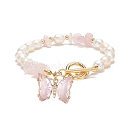 Glass Butterfly Charm Bracelet with Clear Cubic Zirconia, Natural Rose Quartz Chips & Pearl Beaded Bracelet for Women, 7-5/8 inch(19.5cm)(BJEW-JB08640-02)