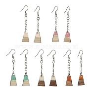 Two Tone Resin & Wood Trapezoid Dangle Earrings, 304 Stainless Steel Tessel Earrings, Mixed Color, 60~61x12mm(EJEW-JE05569)