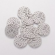 201 Stainless Steel Pendants, Flat Round with Flower, Stainless Steel Color, 20x1.1mm(STAS-Q201-T475)