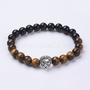 Natural Obsidian and Tiger Eye Stretch Bracelets, with Alloy Findings, Lion Head, Antique Silver, 2-1/8 inch(55mm)(BJEW-P188-02)