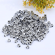 Acrylic Beads, Square, Alphabet, Mixed Letters, Antique Silver Plated, 6x6x6mm, Hole: 3mm; about 3000pc/500g(OACR-CJC0001-01AS)