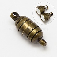 Brass Magnetic Clasps with Loops, Nickel Free, Oval, Antique Bronze, 15x5.5mm, Hole: 1.2mm(KK-MC025-AB-NF)