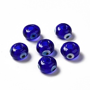 Handmade Evil Eye Lampwork Beads, Rondelle, Blue, 13~14.5x13.5~15x8~9mm, Hole: 4.5mm(LAMP-A153-08-05)