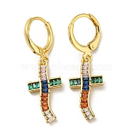 Real 18K Gold Plated Brass Dangle Leverback Earrings, with Glass, Cross, Colorful, 33.5x10mm(EJEW-A033-02G-01)