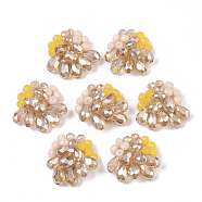 Handmade Woven Glass Cabochons, with Faceted Glass Beads and Light Gold Plated Brass Perforated Disc Settings, Flower, PeachPuff, 23~25x23~25x8~10mm(FIND-N050-10C)