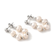304 Stainless Steel Stud Earrings, with Natural Pearl, Stainless Steel Color, 29.5~30x7mm(EJEW-C085-05P)