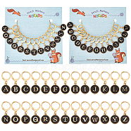 Letter A~Z Alloy Enamel Flat Round Charm Locking Stitch Markers, Golden Tone 304 Stainless Steel Clasp Locking Stitch Marker, Black, 3cm, 26pcs/bag(HJEW-NB0001-88A)