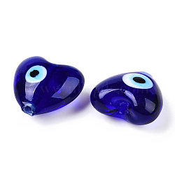 Handmade Lampwork Beads, Heart with Evil Eye, Dark Blue, 20x20x10.5~11mm, Hole: 1.8mm(LAMP-T021-07C)