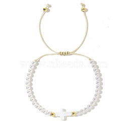 Chic Adjustable Shell Cross & Plastic Imitation Pearl Braided Bead Bracelets Women, White, 11 inch(28cm)(FA8283)