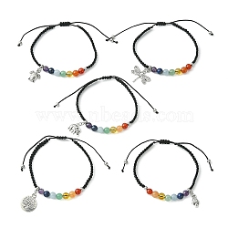 Alloy Charm Bracelet, Natural Mixed Gemstone Braided Adjustable Bracelet, Inner Diameter: 2-1/8~3-3/8 inch(5.5~8.5cm)(BJEW-JB09522)