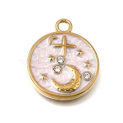 304 Stainless Steel Enamel Pendants, Round with Moon Star Charms, with Rhinestone, Golden, 21.5x18x3mm, Hole: 2.6mm(STAS-D393-01G)
