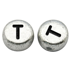 Silver Color Plated Acrylic Horizontal Hole Letter Beads, Flat Round, Letter.T, 7x3.5mm, Hole: 1mm, about 3600pcs/500g(MACR-PB43C9070-T)