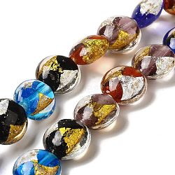 Handmade Gold Sand and Silver Sand Lampwork Flat Round Beads, Mixed Color, 14~14.5x8.5~9mm, Hole: 1.6~1.8mm(FOIL-C001-02A)