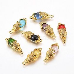 Golden Tone Brass Links connectors, with Glass and Cubic Zirconia, Pi Xiu, Mixed Color, 27x9x7mm, Hole: 1mm(KK-L170-A)
