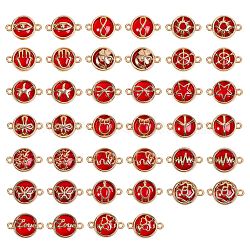 Glass Links Connectors, with Light Gold Plated Alloy Findings, Flat Round with Mixed Shapes, Dark Red, 40pcs/box(GLAA-SZ0001-09B)