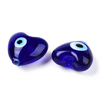 Handmade Lampwork Beads, Heart with Evil Eye, Dark Blue, 20x20x10.5~11mm, Hole: 1.8mm