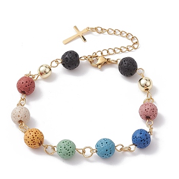 Dyed Natural Lava Rock Round Beaded Bracelet, Chakra Theme Bracelet, Colorful, 7-1/2 inch(19cm)