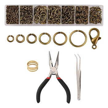 DIY Jewelry Making Finding Kit, Including Brass Jump Rings & Open Jump Rings, Zinc Alloy Lobster Claw Clasps, Tweezers, Pliers, Antique Bronze, 1182Pcs/bag