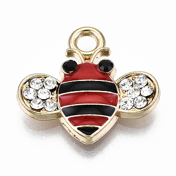 Alloy Enamel Pendants, with Crystal Rhinestone, Cadmium Free & Lead Free, Bee, Light Gold, Red, 17x18x2.5mm, Hole: 2mm