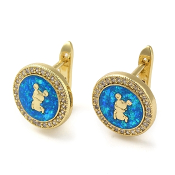 Rack Plating Brass Micro Pave Cubic Zirconia Hoop Earrings, with Synthetic Opal, Cadmium Free & Lead Free, Long-Lasting Plated, Real 18K Gold Plated, Flat Round, Bear, 12mm