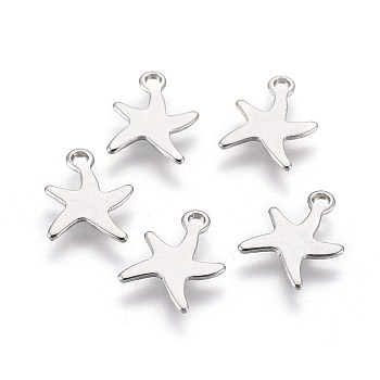 Tarnish Resistant 304 Stainless Steel Charm, Starfish/Sea Stars, Stainless Steel Color, 11.5x8.5x0.7mm, Hole: 1.2mm