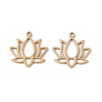 304 Stainless Steel Pendants, Lotus Charm, Real 18K Gold Plated, 16.5x17x1mm, Hole: 1.4mm
