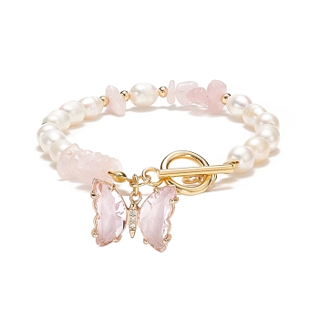 Glass Butterfly Charm Bracelet with Clear Cubic Zirconia, Natural Rose Quartz Chips & Pearl Beaded Bracelet for Women, 7-5/8 inch(19.5cm)
