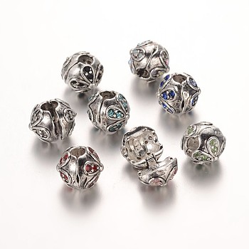 Flower Antique Silver Plated Alloy Rhinestone European Clip Clasps, Mixed Color, 10.5x9.5mm, Hole: 3mm