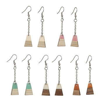 Two Tone Resin & Wood Trapezoid Dangle Earrings, 304 Stainless Steel Tessel Earrings, Mixed Color, 60~61x12mm