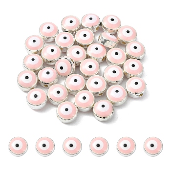 30Pcs Resin Beads, Flat Round with Evil Eye, Pearl Pink, 8x5mm, Hole: 1.2mm