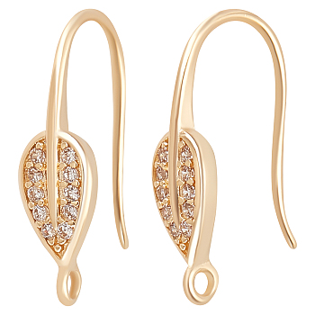 5 Pairs Rack Plating Brass Micro Pave Cubic Zirconia Leaf Earring Hooks, with Vertical Loops, Long-Lasting Plated, Cadmium Free & Lead Free, Real 14K Gold Plated, 17.5x5mm, Hole: 1mm, 20 Gauge, Pin: 0.8mm