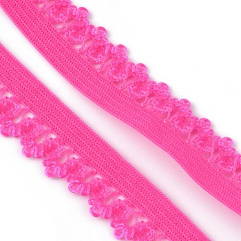 Polyester Elastic Cords with Single Edge Trimming, Flat, Deep Pink, 13mm