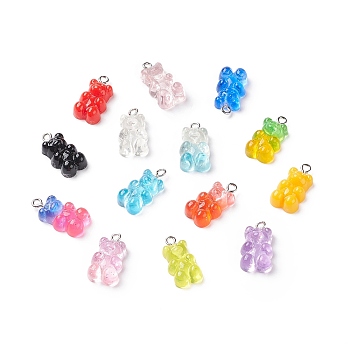 Opaque & Transparent Resin Pendants, with Platinum Tone Iron Loops and Glitter Powder, Bear Charms, Mixed Color, 20.5x11x7mm, Hole: 2mm