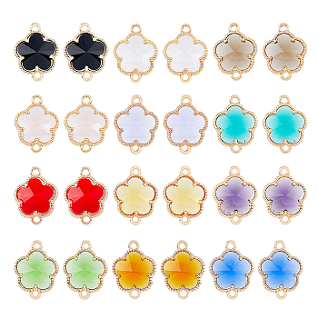 24Pcs 12 Colors Glass Connector Charms, Faceted Flower Links, with Light Gold Tone Alloy Open Back Berzel Findings, Mixed Color, 15.5x12x5mm, Hole: 1.4mm, 2pcs/color