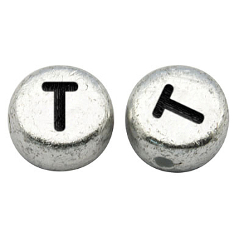 Silver Color Plated Acrylic Horizontal Hole Letter Beads, Flat Round, Letter.T, 7x3.5mm, Hole: 1mm, about 3600pcs/500g