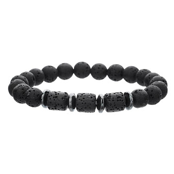 Round & Colunm Natural Lava Rock & Synthetic Non-magnetic Hematite Stretch Beaded Bracelet for Women Men