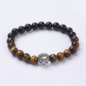 Natural Obsidian and Tiger Eye Stretch Bracelets, with Alloy Findings, Lion Head, Antique Silver, 2-1/8 inch(55mm)