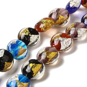 Handmade Gold Sand and Silver Sand Lampwork Flat Round Beads, Mixed Color, 14~14.5x8.5~9mm, Hole: 1.6~1.8mm