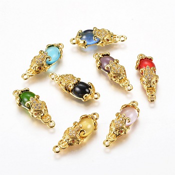 Golden Tone Brass Links connectors, with Glass and Cubic Zirconia, Pi Xiu, Mixed Color, 27x9x7mm, Hole: 1mm